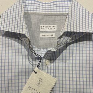 NWT Brunello Cucinelli blue check cotton dress shirt